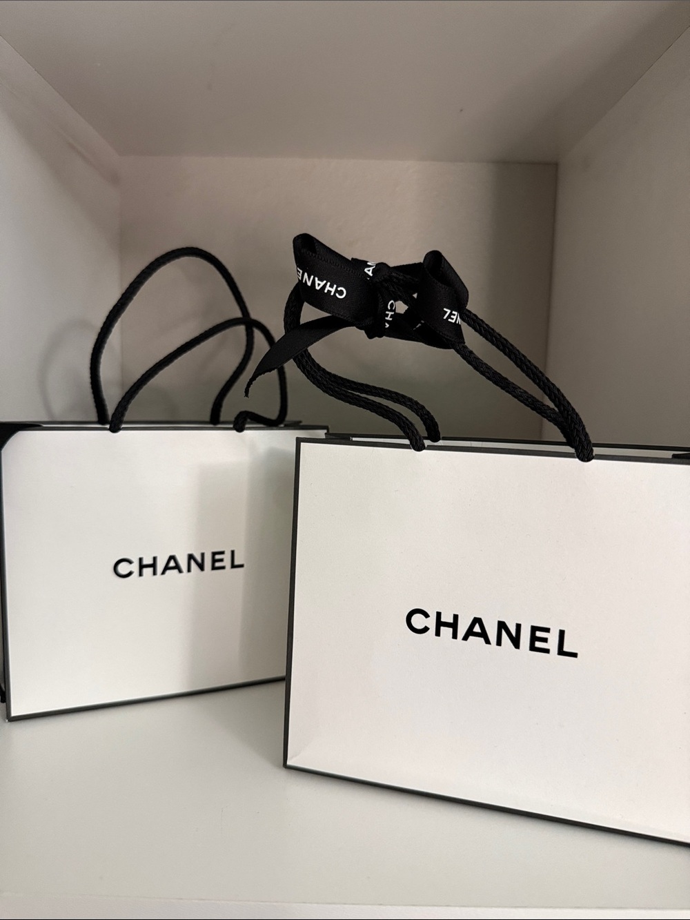 CHANEL White and Black Logo Shopping Bags (Pair)